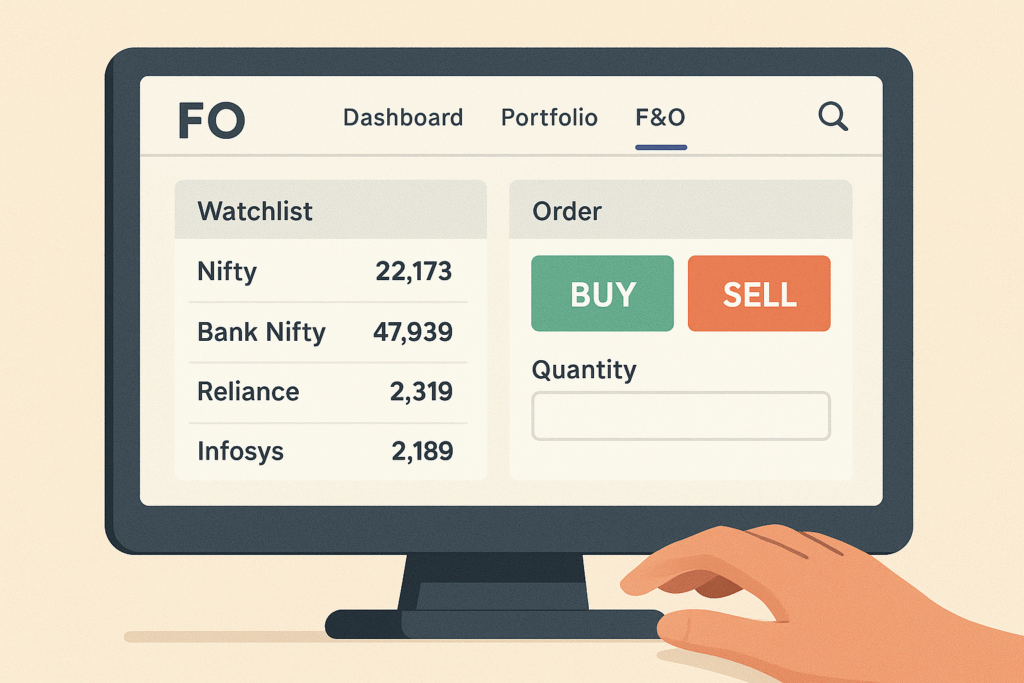 Illustrated Zerodha Upstox F&O trading dashboard with Nifty and Bank Nifty options