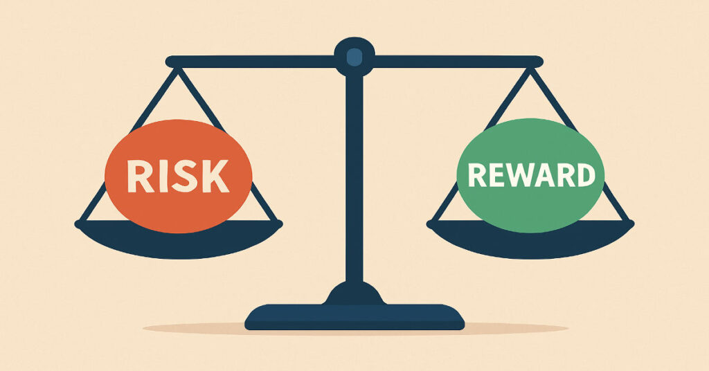 Risk vs Reward balance scale graphic for futures and options trading