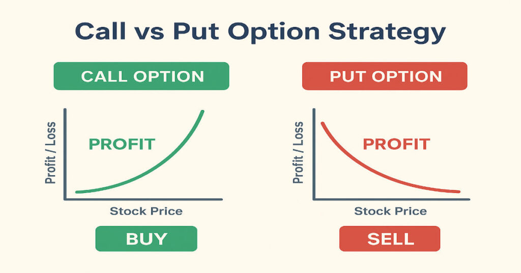 Call vs Put option strategy infographic showing profit and loss comparison for traders