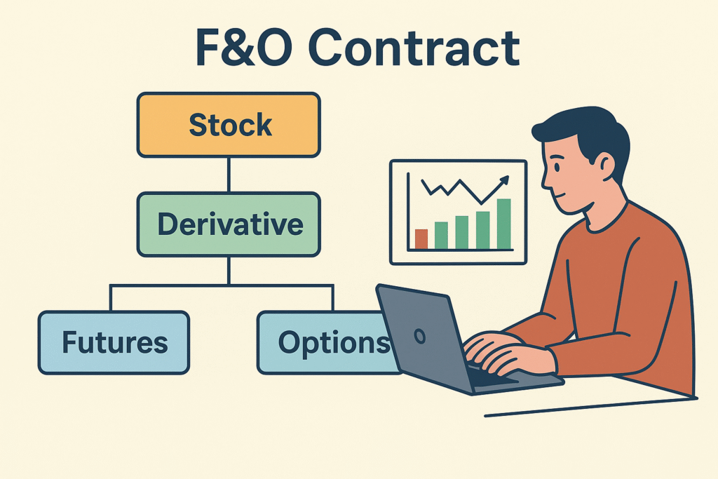 Flowchart showing F&O Contract from Stock to Derivative branching into Futures and Options.