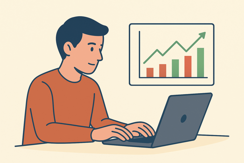 Trader analyzing Futures and Options trading chart on laptop.