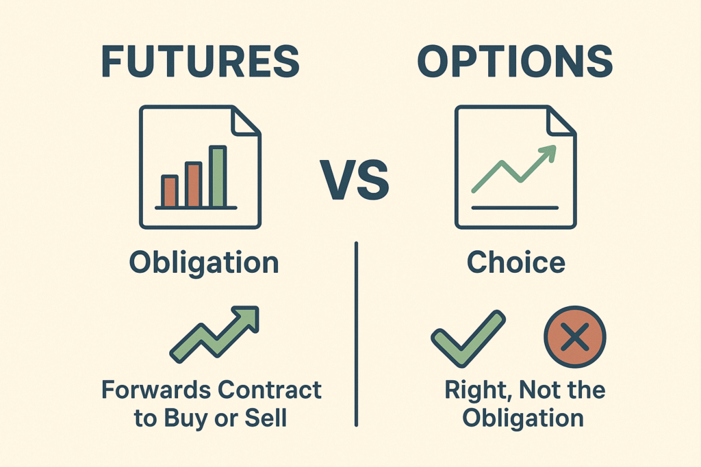 Infographic comparing Futures vs Options in trading with key differences.