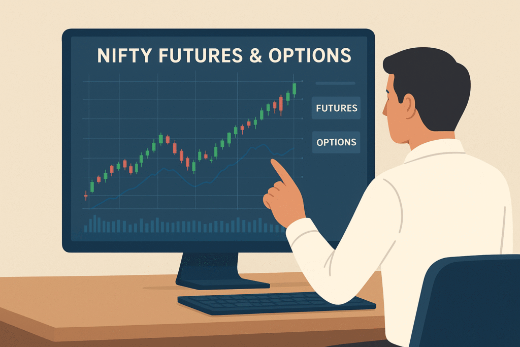 Trader analyzing Nifty Futures and Options candlestick chart on screen