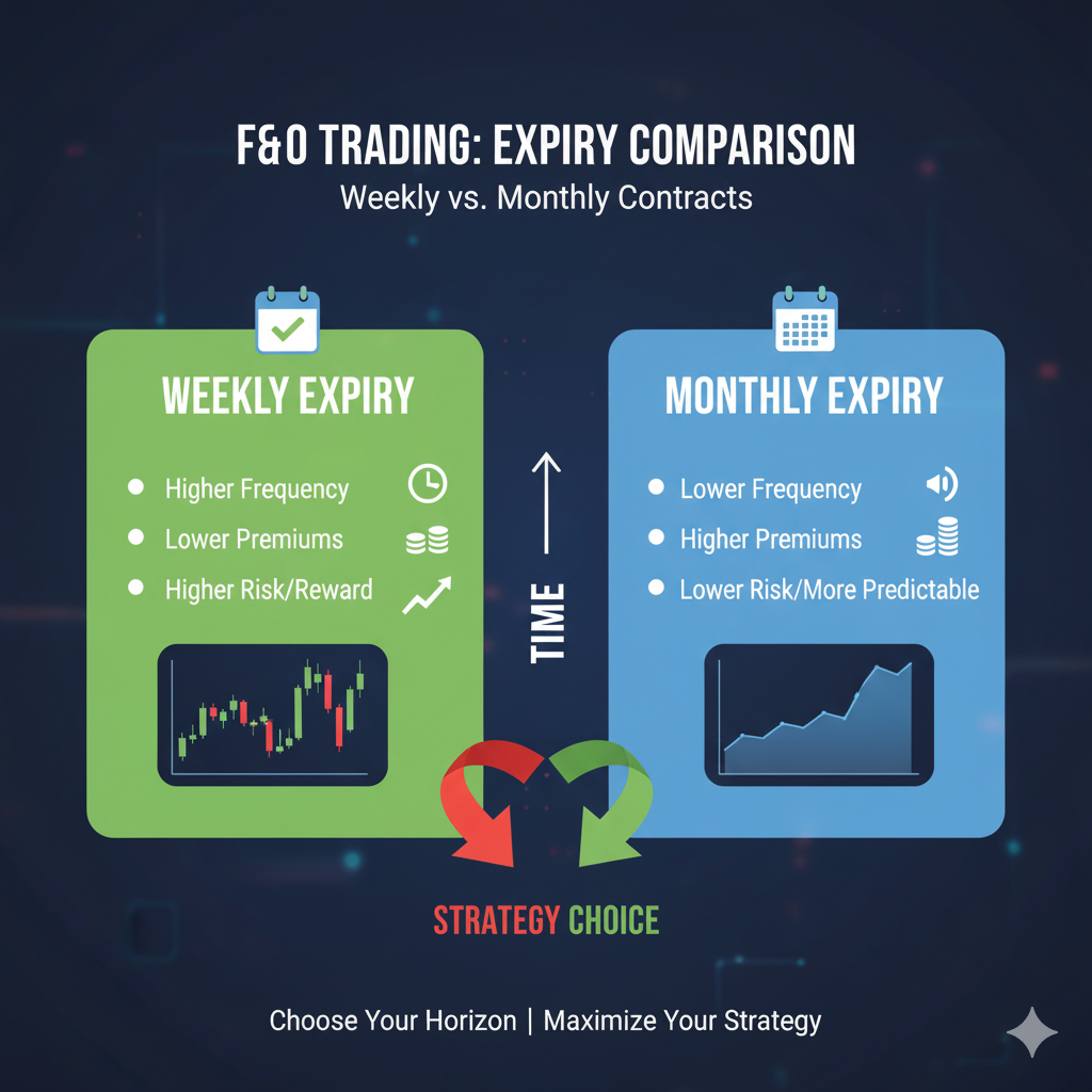 Infographic comparing Weekly (short-term, high risk/reward) versus Monthly (long-term, lower risk/reward) expiry contracts in trading.

