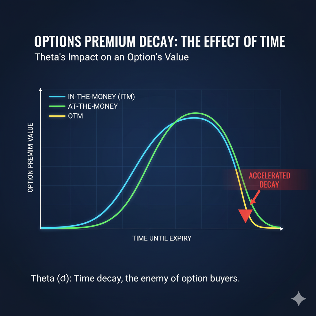 Chart illustrating Options Premium Decay (Theta Decay), showing the time value of an option dropping slowly at first and then accelerating sharply in the final 30 days before the contract expires.