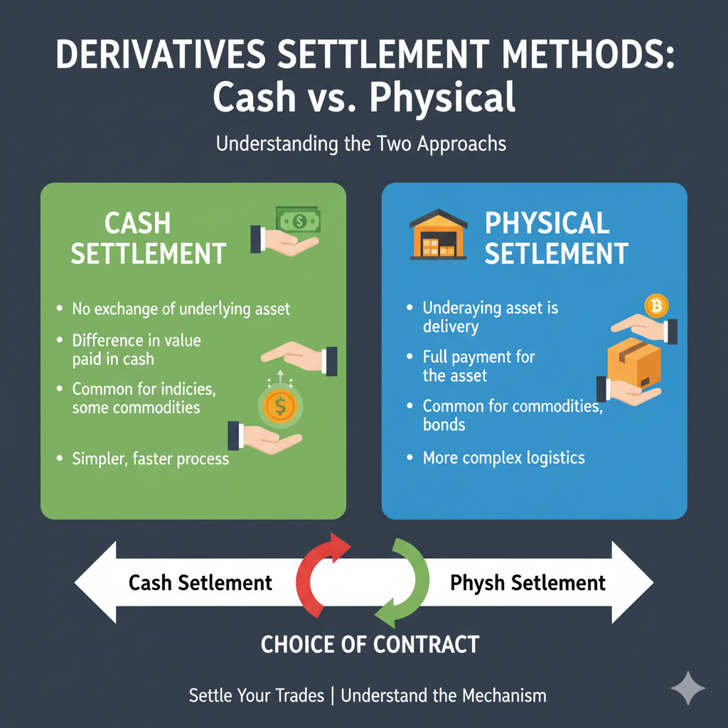  Infographic diagram comparing two methods of contract settlement: Cash Settlement (only money is exchanged for profit/loss) versus Physical Settlement (the actual underlying asset, like shares or commodity, is delivered).

